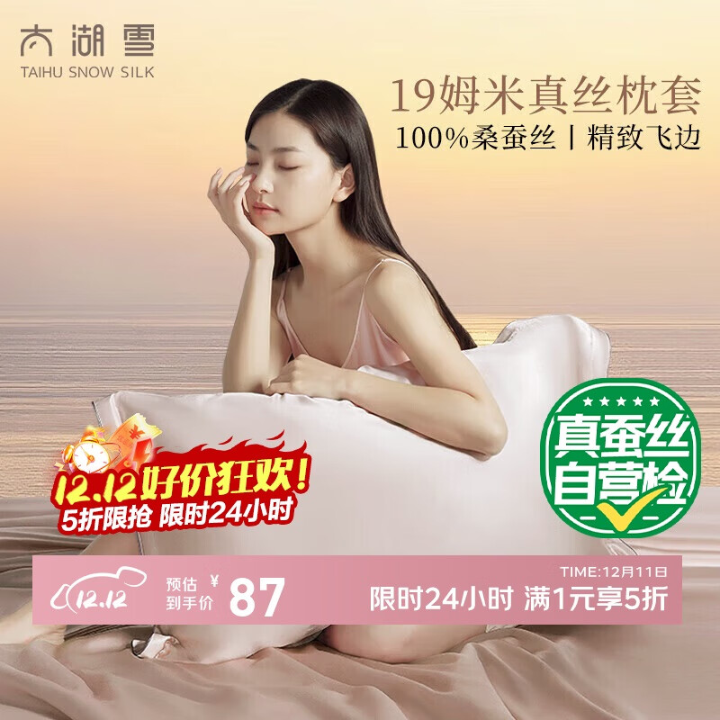 太湖雪 真丝枕套纯色 100%桑蚕丝 镜空粉 48*74cm