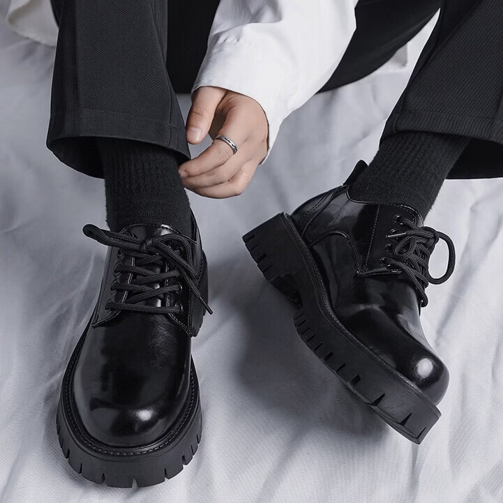 Walker Shop皮鞋男商务轻奢2026新款英伦正装大头皮鞋厚底内增高休闲皮鞋男款 黑色 39