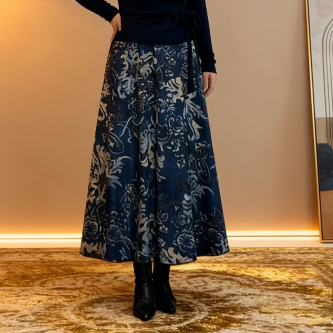 Sogni D’oro大码女装复古印花半身裙女秋冬装高腰显瘦大摆两面穿长裙子20766 蓝色 常规 双面穿 XL 建议90-120斤穿着