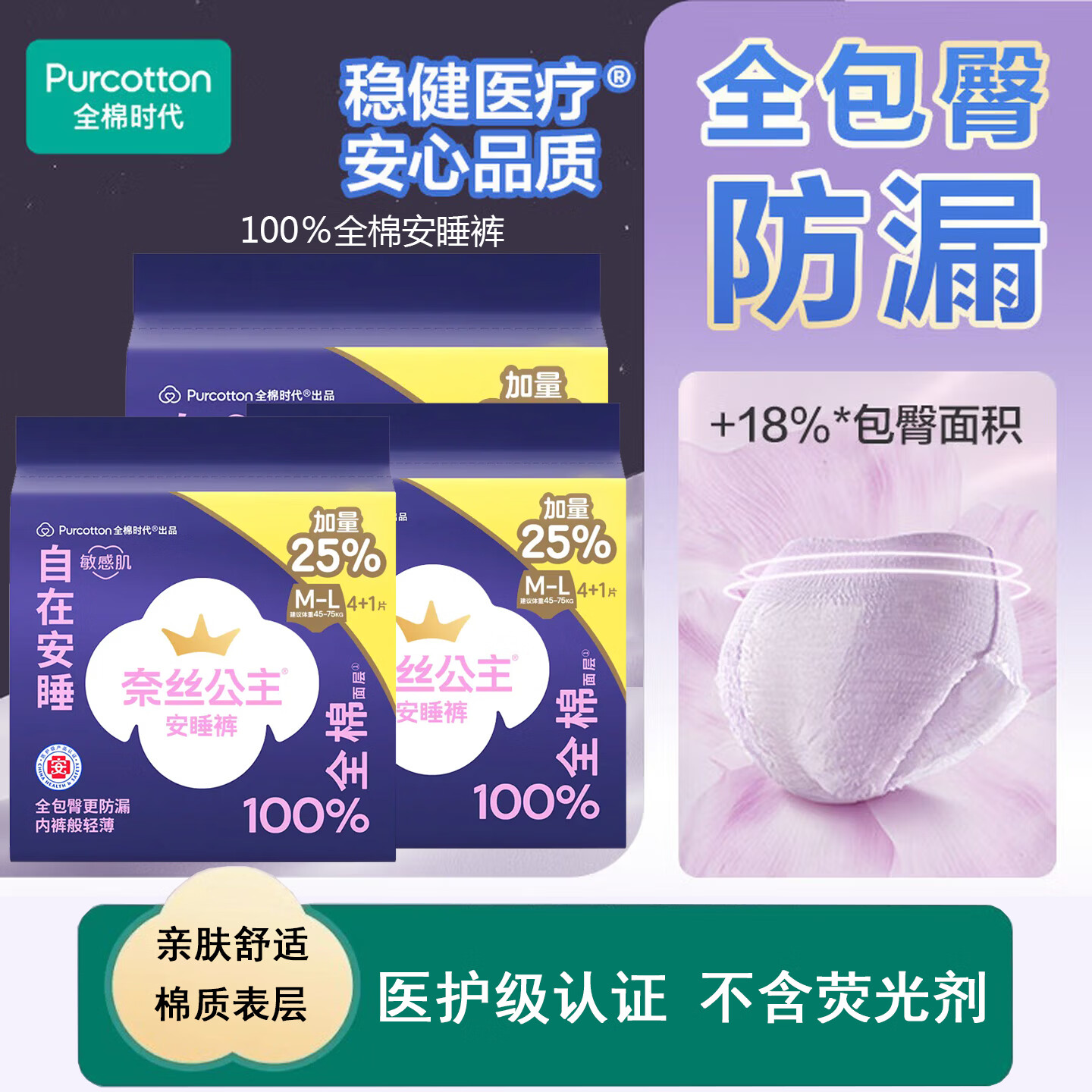 全棉 时代奈丝公主医护级安睡裤裤型卫生巾安心裤夜用姨妈巾加量 M-L码 15片 45-75kg （3包）