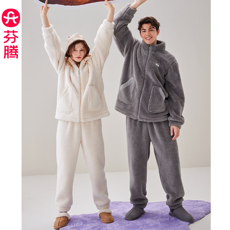 芬腾珊瑚绒情侣睡衣女秋冬季保暖套装加厚加绒法兰绒大码男家居服 米杏(女) M 是_女建议92-110斤_男建议106-126斤