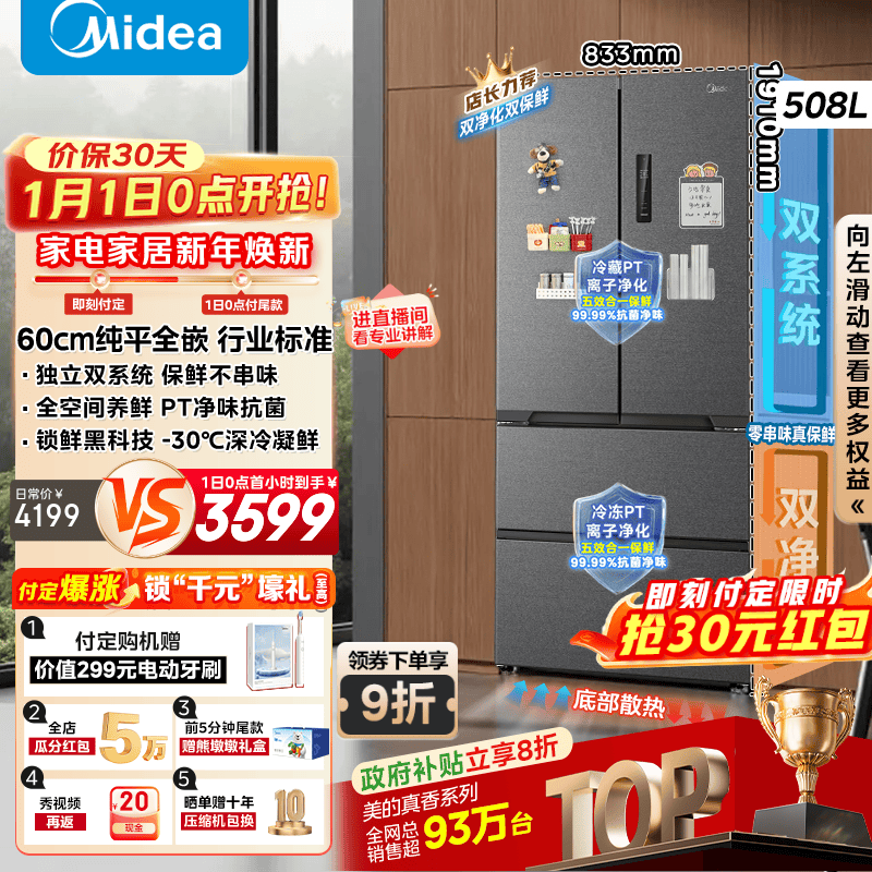 Midea/���� ����ϵ��508�� ��ʽ���� ���� BCD-508WUFPZM(E)  3478.89Ԫ