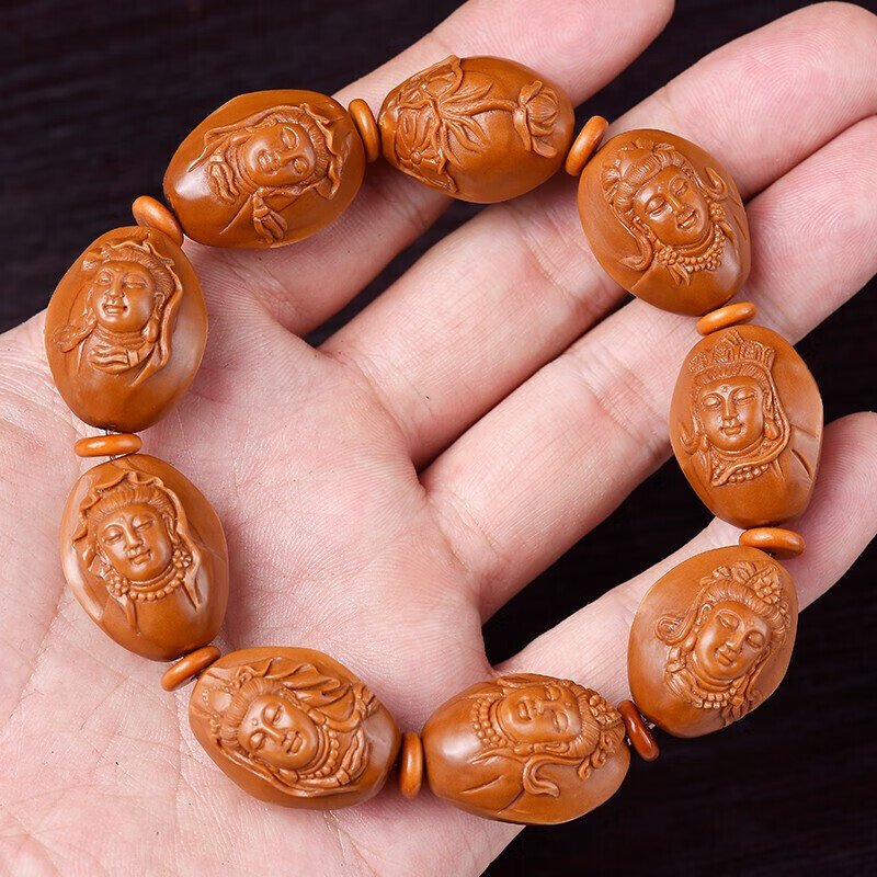 珍百福橄榄核手串 浮雕观音佛珠2.0大籽文玩手串男橄榄核雕老油核曹乐刻 1.9*2.4cm