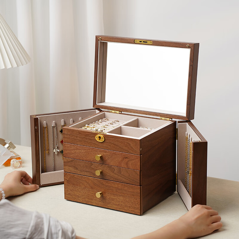 木久收纳盒木质梳妆台桌面带锁带镜饰品盒结婚五金珠宝木质首饰盒 四层首饰盒 【带锁带镜子】