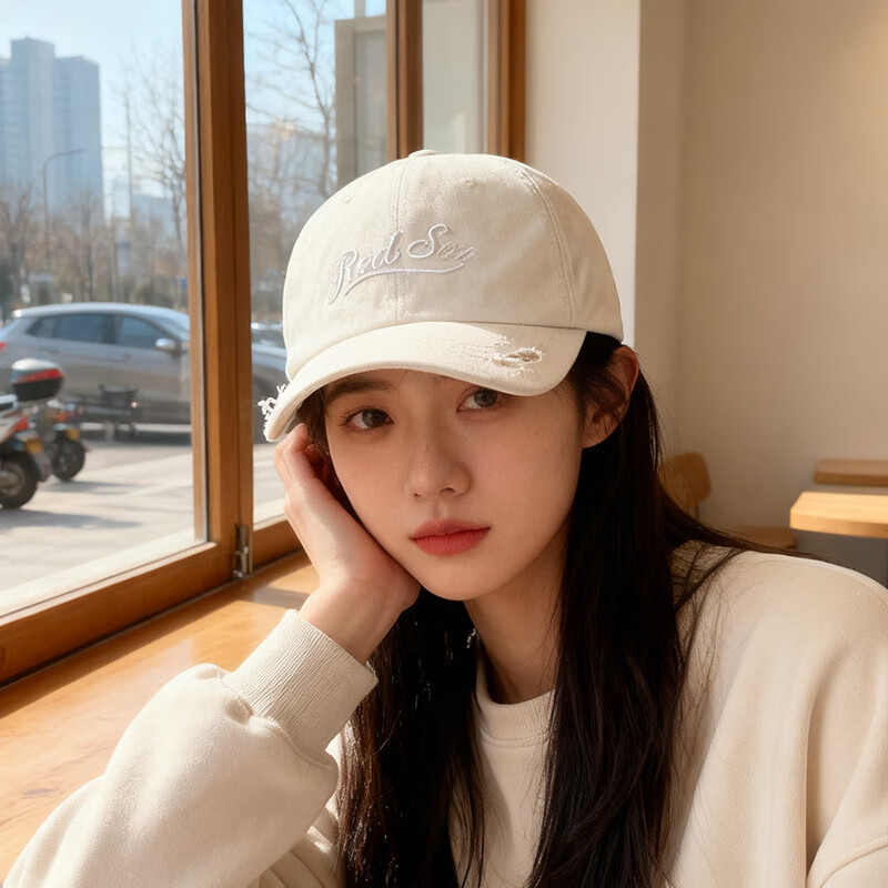 OEAI字母刺绣棒球帽女韩版时尚百搭紫色鸭舌帽宽帽檐大脸显脸小帽子潮 C5887破洞Red绣棒球帽 黑色 M （56-58cm）