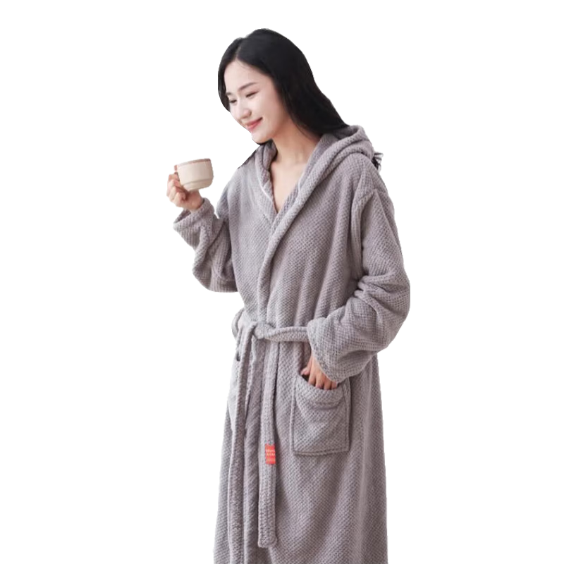 沐凡浴袍酒店家用浴袍四季通用男士女吸水薄款情侶高檔睡袍浴巾式浴衣 菠蘿格-灰色 L碼（150斤以上）