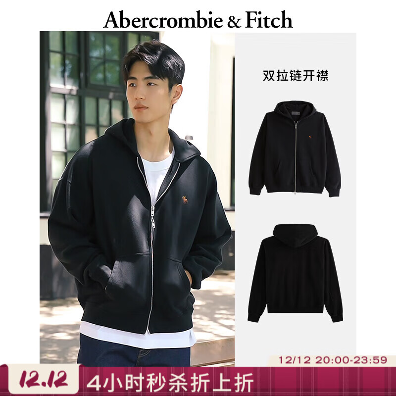 Abercrombie &amp; Fitch小麋鹿图案保暖抓绒宽松廓形卫衣外套25秋冬男装122-5540 黑色 S (175/92A)