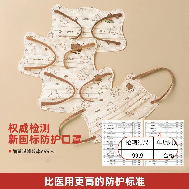 万宝绿儿童一次性口罩宝宝女大童8到12学生3到6岁5专用卡皮巴拉独立包装 【新国标38880-三色混搭款】透气不勒耳  特惠装推荐丨60只 独立包装【3-15岁儿童】