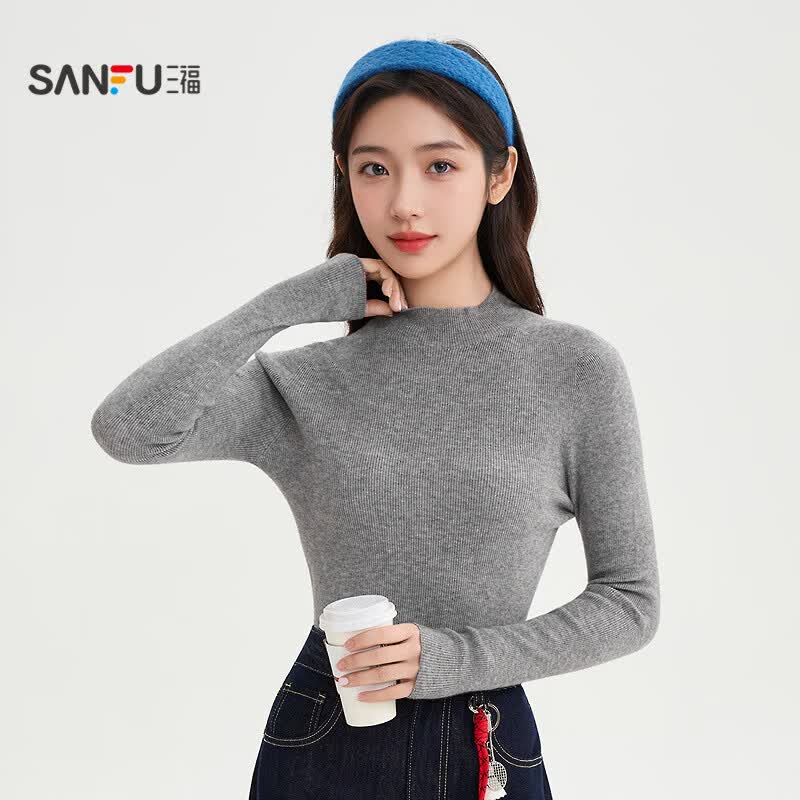 三福（SANFU）打底衫女2025新款秋季保暖小中领毛衣无缝内搭上衣女装504415 花灰色 S