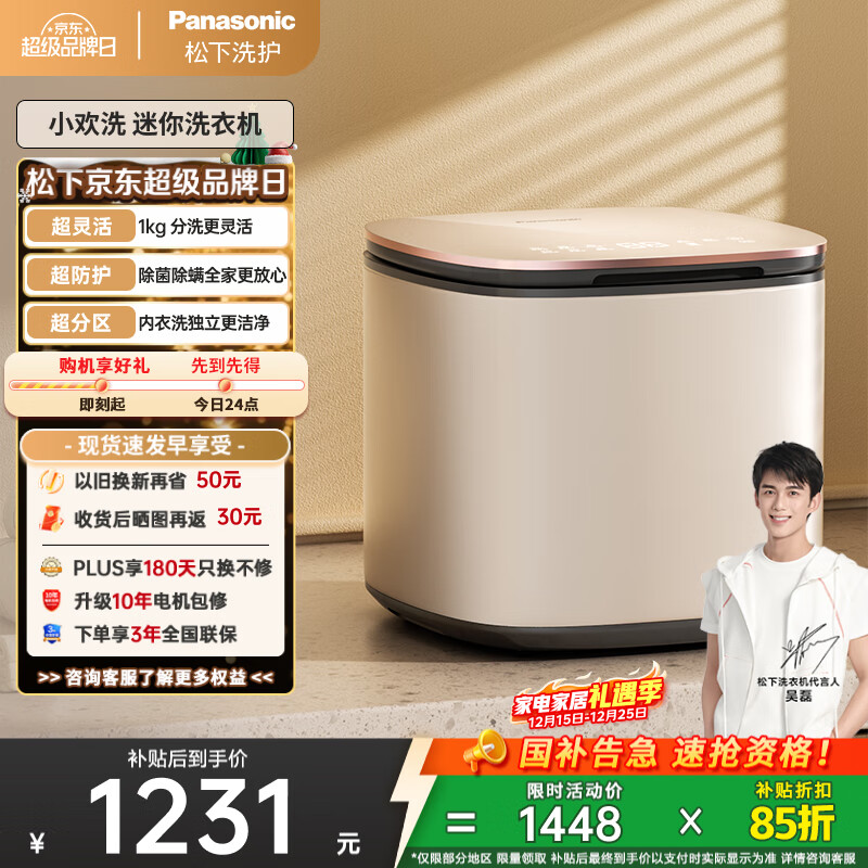 松下（Panasonic）【吴磊同款】迷你小型洗衣机全自动1kg 内衣洗衣机波轮婴儿内裤袜子高温除菌国家补贴XQB10-