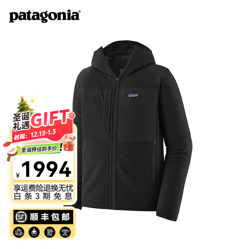 巴塔哥尼亚（Patagonia）男士R2户外防风保暖抓绒衣运动休闲连帽衫  Techface Hoody 83731 BLK L 180/185(CM)  79/90(KG)