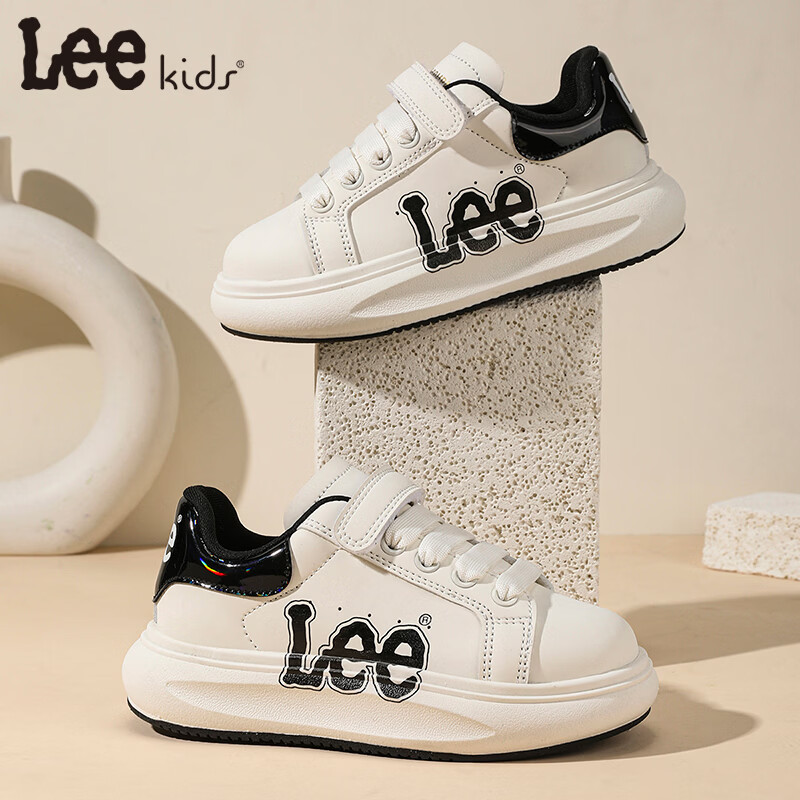 Lee童鞋春季新款儿童休闲运动鞋百搭跑步鞋女童小白板鞋男大童 米黑 32 【建议脚长192mm】