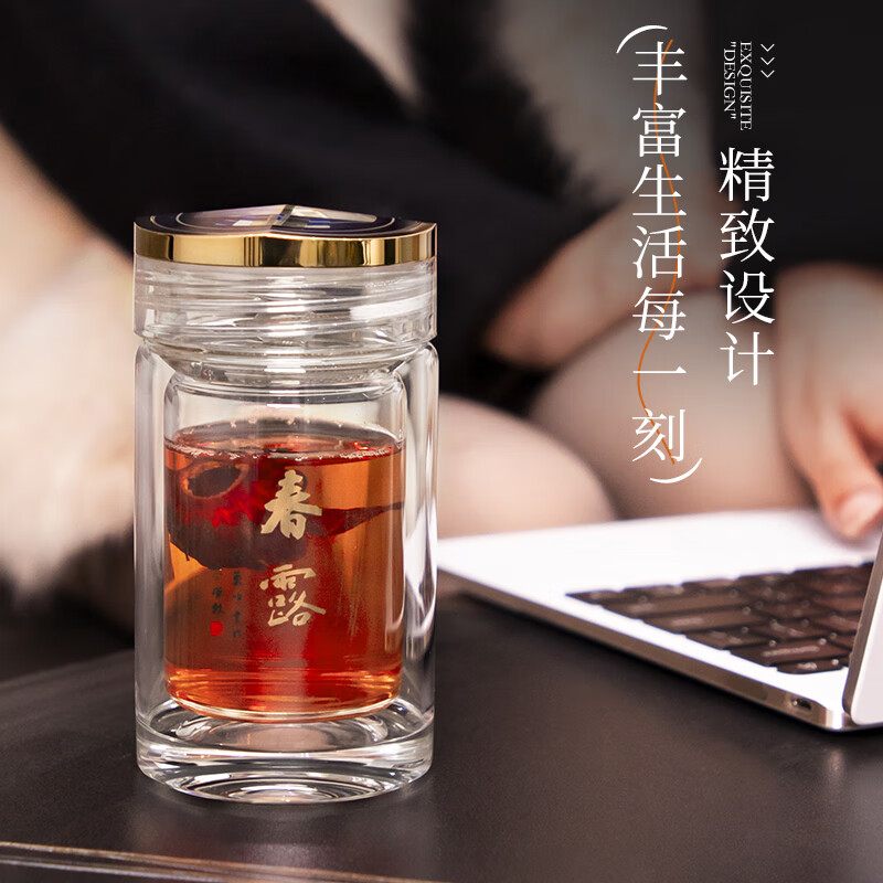 格亚（GEYA）春露小巧玻璃杯主人杯男女士口袋杯玻璃花茶杯水杯杯子精致礼盒装 双层杯（有滤网）180ml