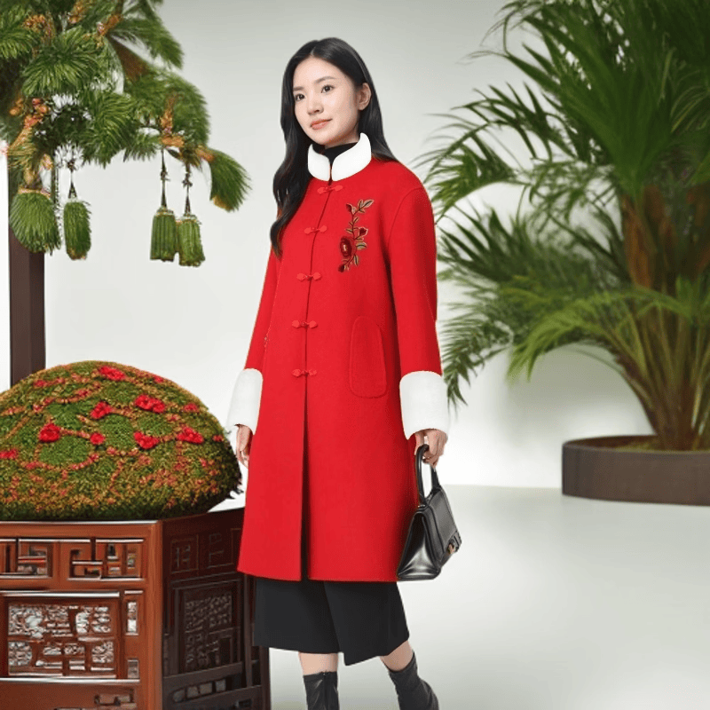 2025秋冬新款冬季双面毛呢大衣妈妈大衣羊毛宽松长款外套专利产品 红色2， 厚款， 喜欢胸花下单请备注 2XL (170) 建议净胸围96在毛衣外穿