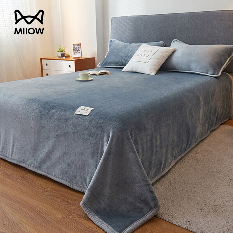 猫人（MiiOW）加厚牛奶绒床单单件秋冬季加绒单人宿舍法兰珊瑚绒毛毯被单三件套 银灰【加密牛奶绒 高克重植绒 蓄热保暖】 200*230cm单床单【适合1.5m床】