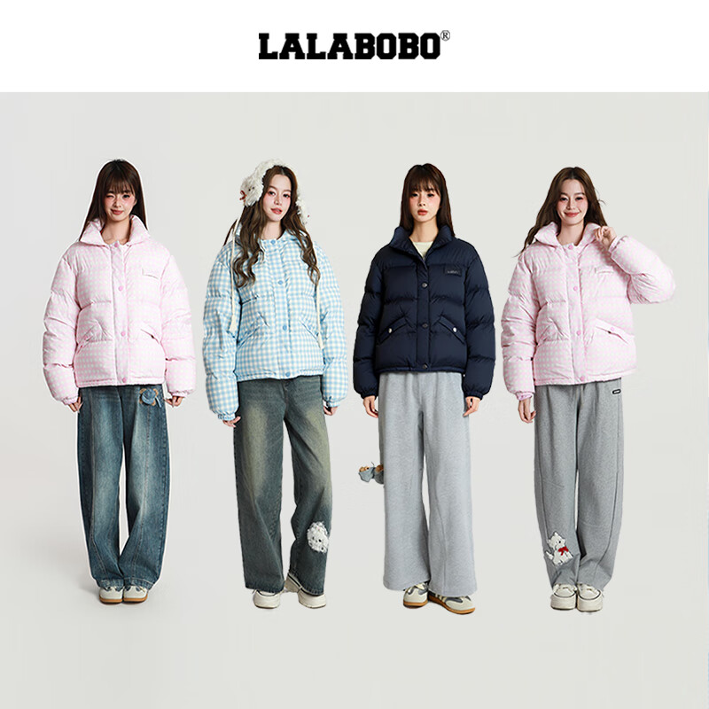 LALABOBO【商场同款】白鸭绒羽绒服25年冬新潮原创格子外套女RBED-WSYR16 蓝色 S