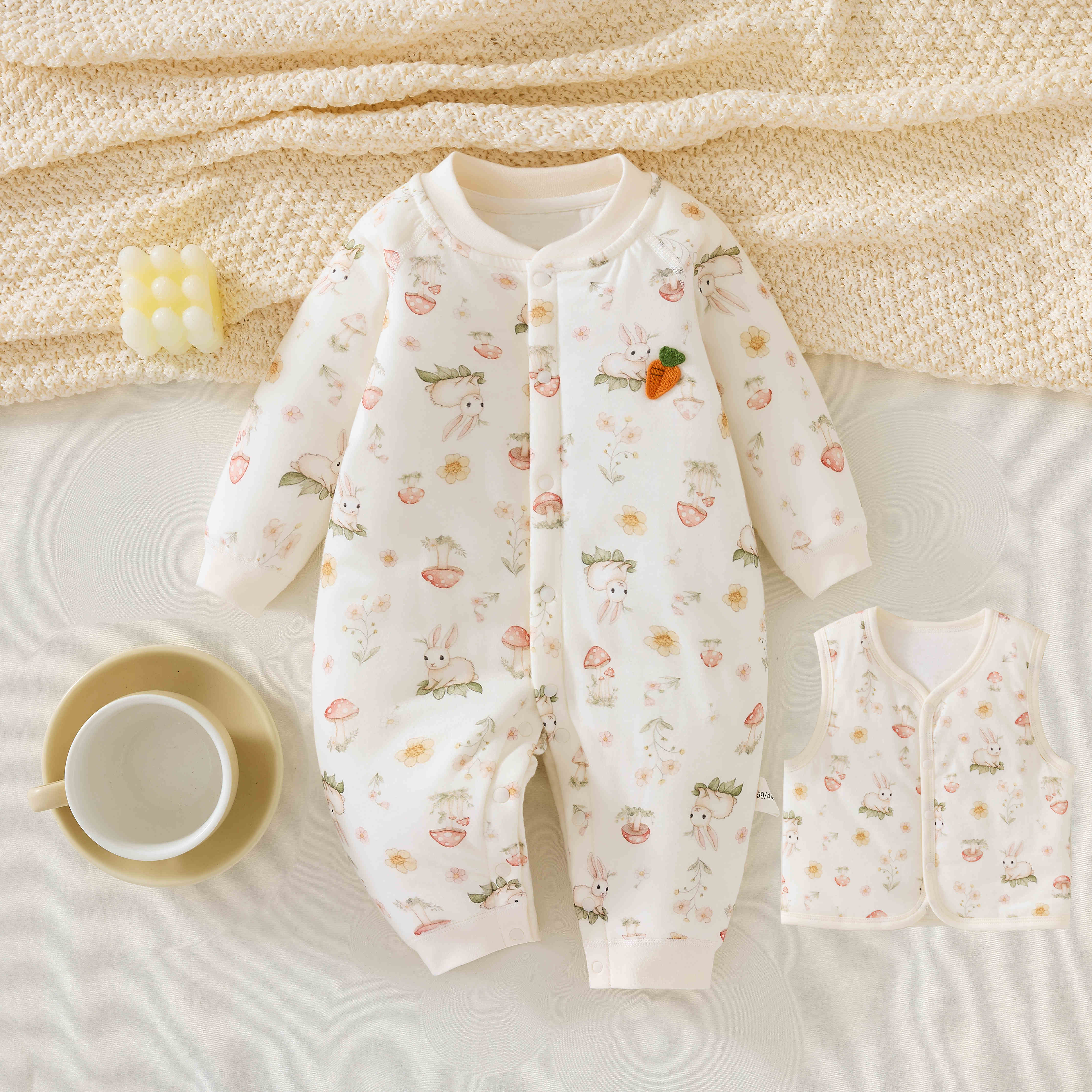 藤之木工房40g夹棉婴幼儿秋冬款连体衣男女宝宝冬季保暖柔软爬服 田园春色 90cm