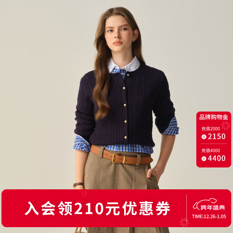 ELAND衣恋毛针织衫女气质麻花开衫短款骐骥红上衣2025秋季新款 藏青色(59)Navy L /170