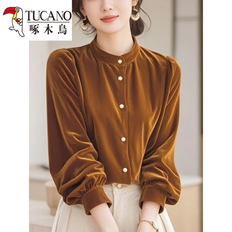 啄木鸟（TUCANO）女士衬衫时尚丝绒衬衫女长袖秋冬新款宽松显瘦上衣女士衬衫打底衫 棕色 S