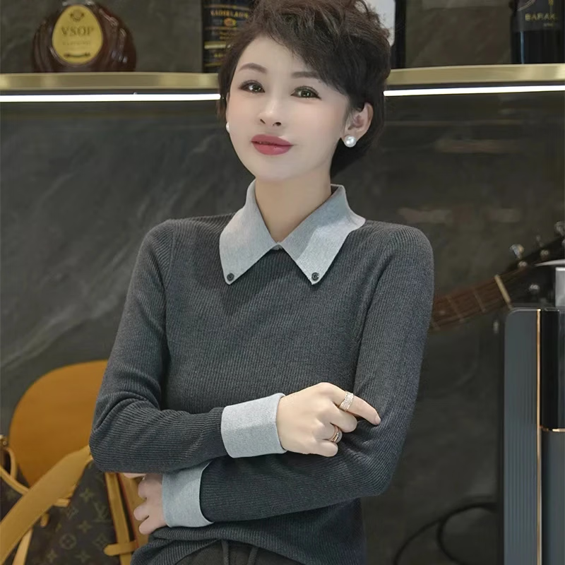 【轻奢品质】时尚设计气质翻领针织衫百搭显瘦减龄polo领上衣打底 高级灰 L （建议120-145斤）