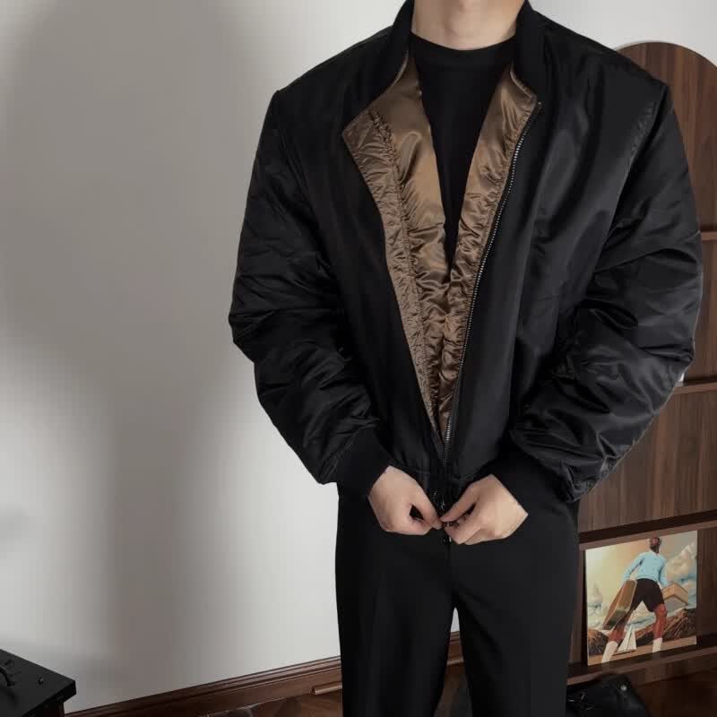 小红书秋冬廓形短宽覆古MA1飞行夹克翻领宽松棉服 黑/棕 M 100120斤