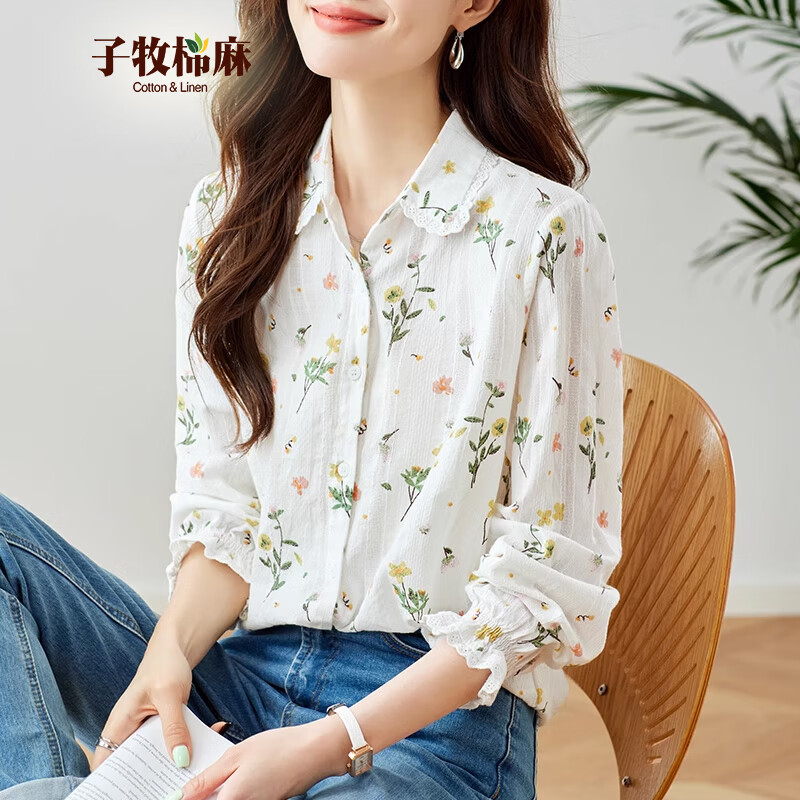 子牧棉麻2026春装 女文艺复古印花衬衫轻薄印花百搭清新气质时尚衬衣3313 白色 M (建议90-115斤) 京东折扣/优惠券