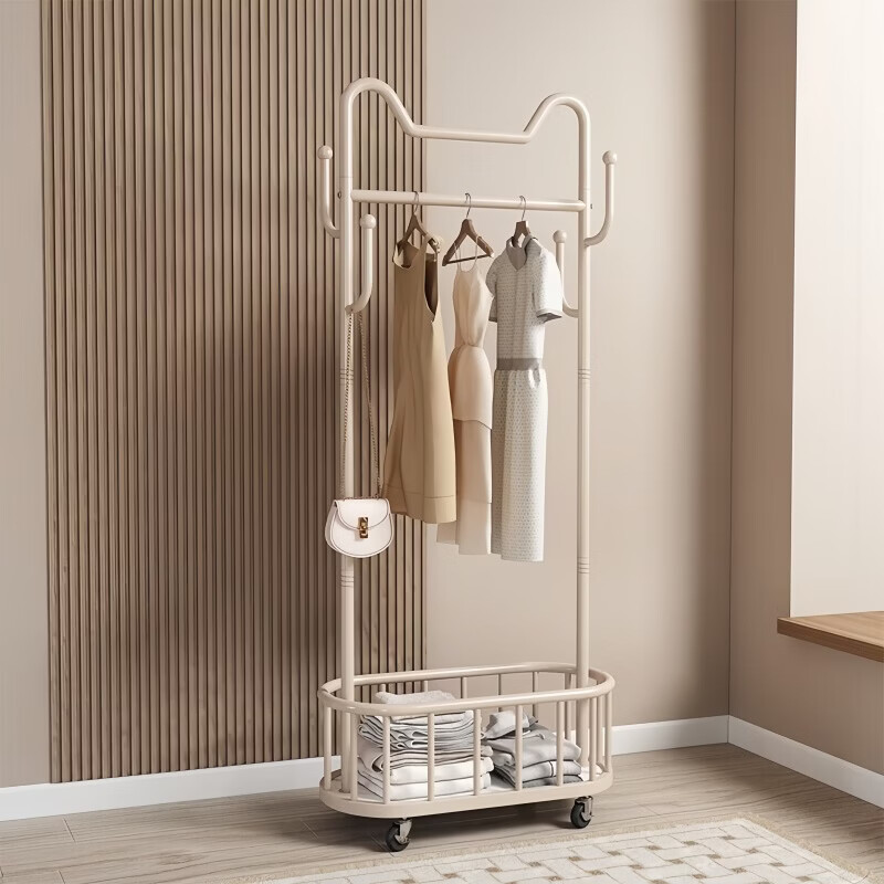 馨婺家加粗挂衣架落地卧室衣帽架多功能带轮移动晾衣服架房间收纳衣服架 猫耳朵 奶油白60cm