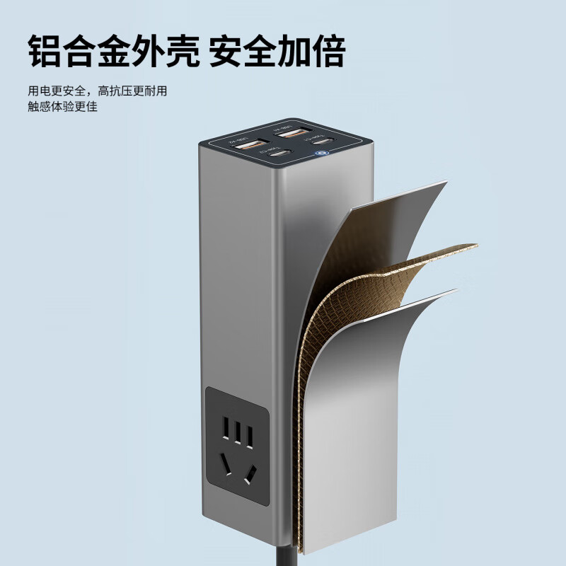 国际电工（FDD）旅行便携能量舱氮化镓65W快充插座多功能USB迷你桌面插排带线插头 直插款-14孔插座 灰色
