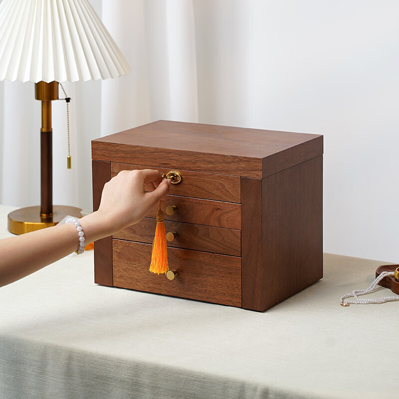 木久收纳盒木质梳妆台桌面带锁带镜饰品盒结婚五金珠宝木质首饰盒 四层首饰盒 【带锁带镜子】