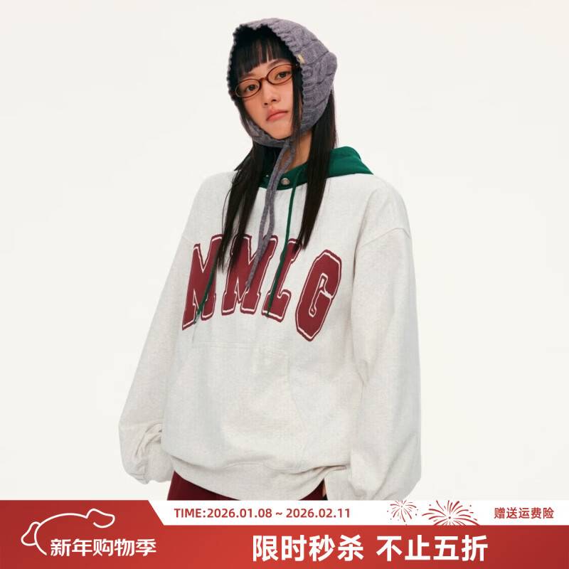Mmlg 87mm 2025年新款撞色连帽卫衣经典logo厚胶立体印花图案情侣上衣 中花灰 S