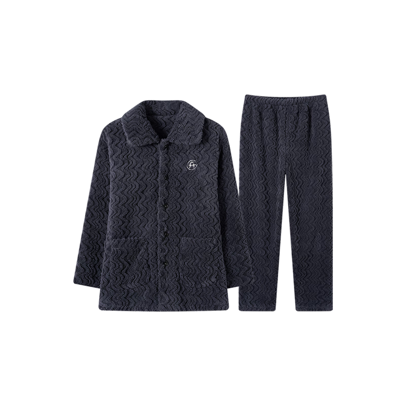 芬腾睡衣男士【加厚双面暖绒】秋冬季开衫翻领宽松保暖家居服套装 灰蓝 XL