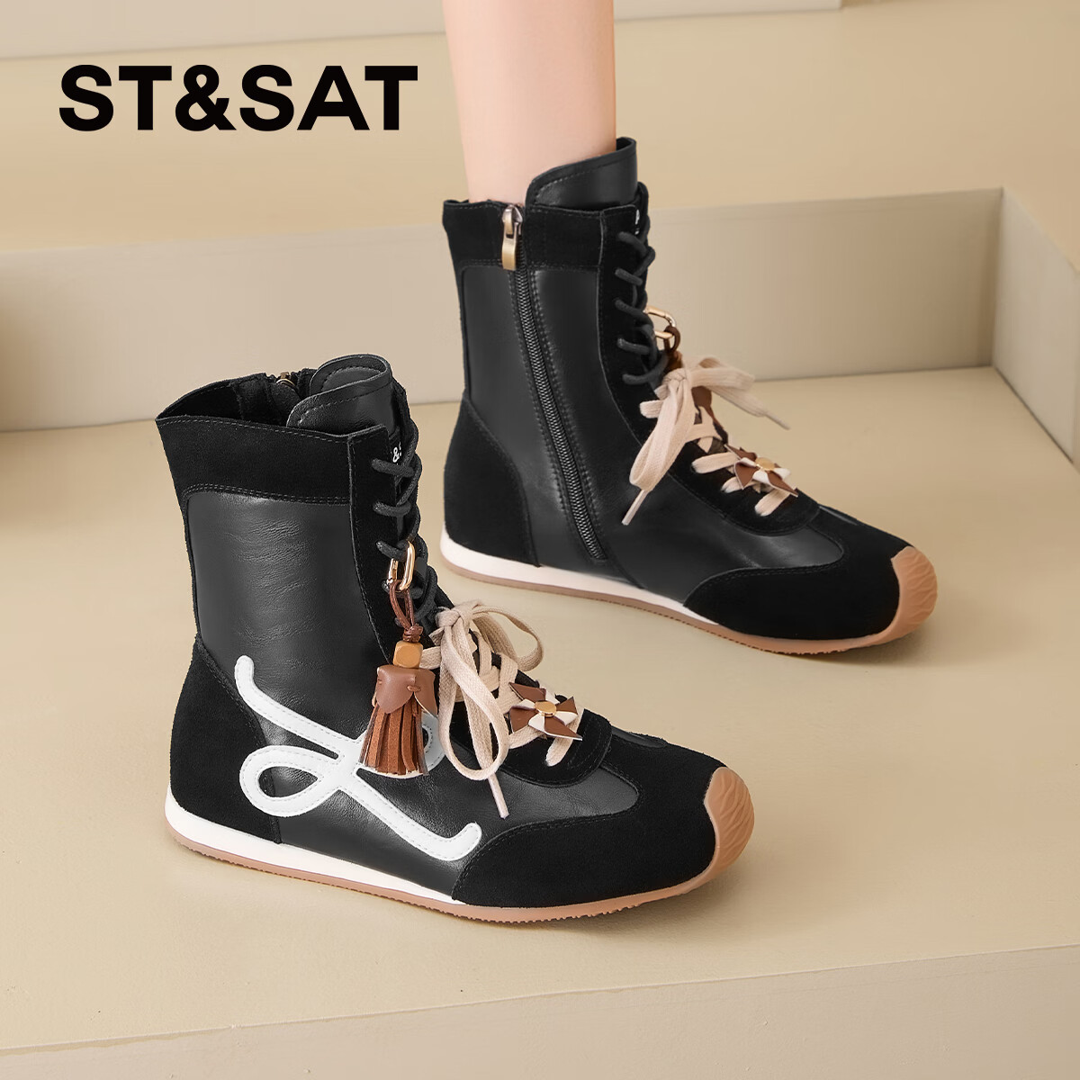 星期六2025秋季新款高帮复古阿甘德训鞋拼色厚底内增高马丁靴女鞋 黑色 【时尚百搭】 35