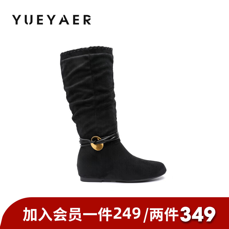 月芽儿2025年秋季季新款堆堆靴西部靴复古加绒不过膝显瘦高筒靴长靴女 绒里黑色01T 34