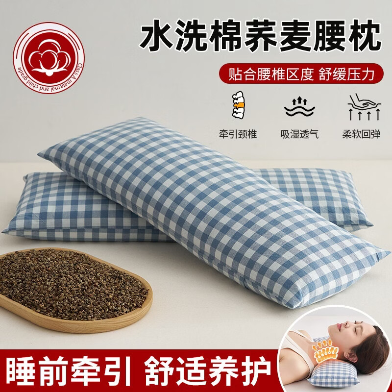 南极人（Nanjiren）全荞麦壳腰枕头护颈深度睡眠专用牵引小枕头靠背垫睡觉垫腰枕芯 腰枕-浅蓝【单只装 贴合颈椎】 15*40cm