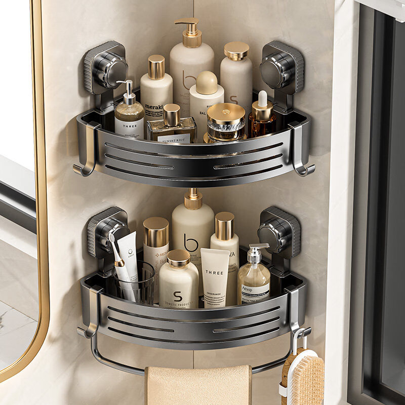 馨婺家浴室吸盘三角置物架卫生间厕所免打孔壁挂式三角篮洗漱台收纳架子 枪灰色-小号单层