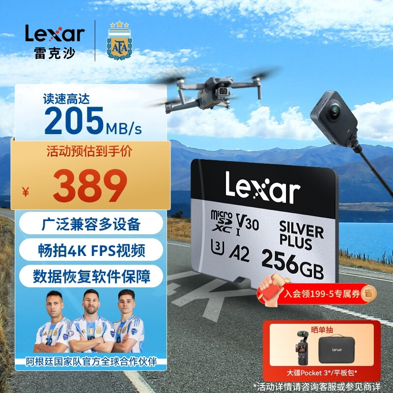 雷克沙（Lexar）256GB TF（MicroSD）存储卡 V30 4K 读205MB/s 无人机运动相机游戏机内存卡（SILVER PLUS）