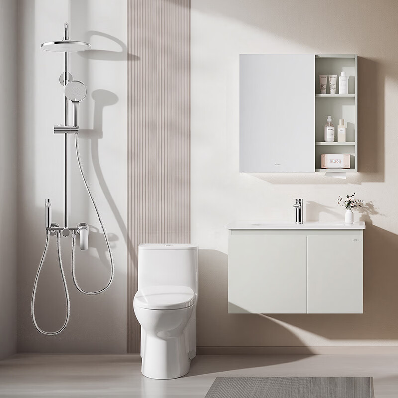 九牧（JOMOO）卫浴套装简约浴室柜 抗菌节水马桶 自洁花洒多件套-SP不包安装 80经典款浴室柜【亮银花洒】400坑马桶