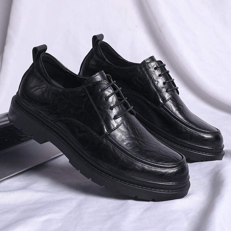 Walker Shop品牌男士皮鞋高端2026新款内增高皮鞋男款商务休闲透气正装鞋子男 黑色【8cm内增高】 41
