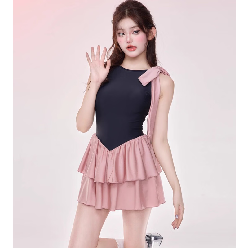 尤克达蒂（yookdd）泳衣女2026新款仙气裙式纯欲遮肚带胸垫小胸聚拢显瘦无袖温泉泳衣 粉墨连体泳衣【80-120】