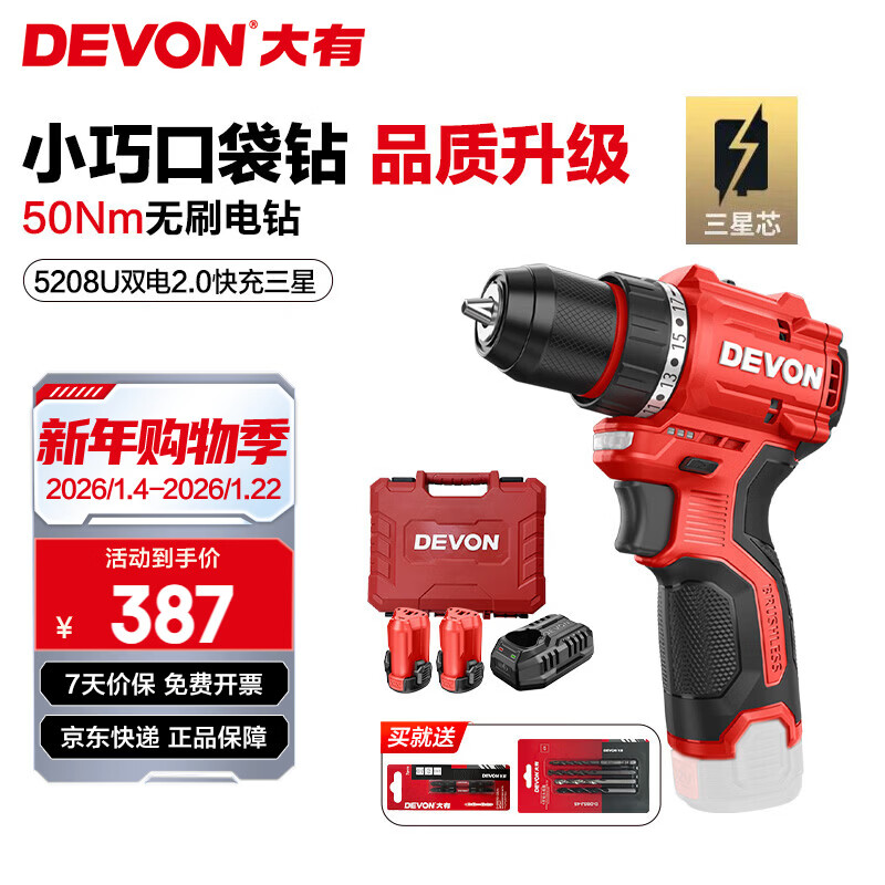 大有（Devon）12V锂电无刷电钻5208手电钻冲击钻5209电动螺丝刀家用电钻 5208U 2.0Ah双电塑盒|三星芯