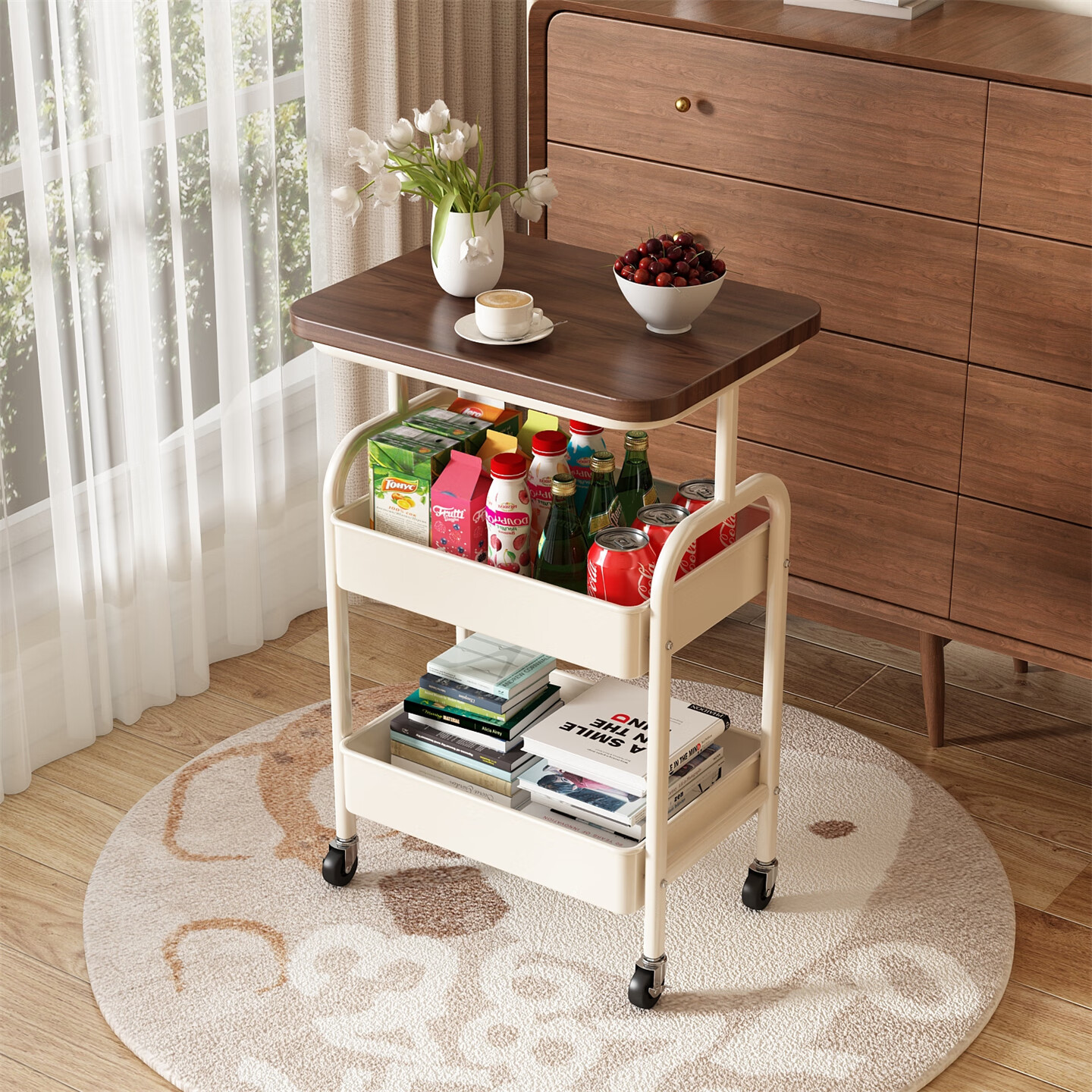 木樽中古风推车置物架可移动沙发边几收纳柜架子床边桌子零食落地床头 三层+密度板 奶油白