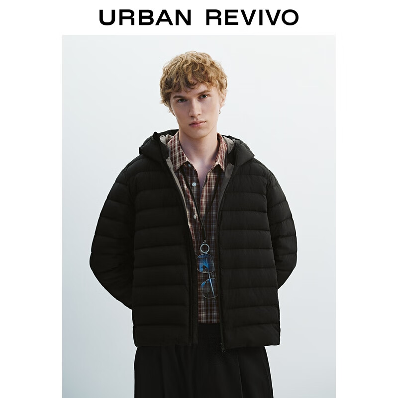 UR秋季新款男装简约休闲连帽绗缝连帽羽绒服UMB150001 黑色 S