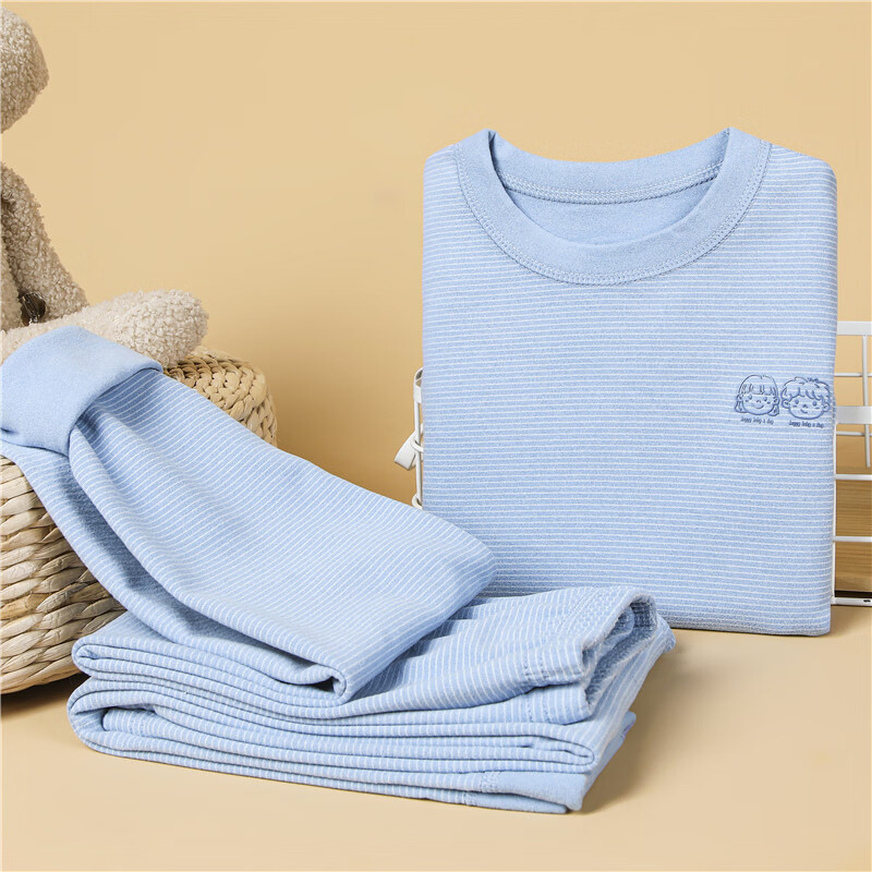 儿童保暖内衣套装男童秋衣秋裤女宝宝绒德无痕加绒青少年秋冬睡衣 天空蓝 90 码