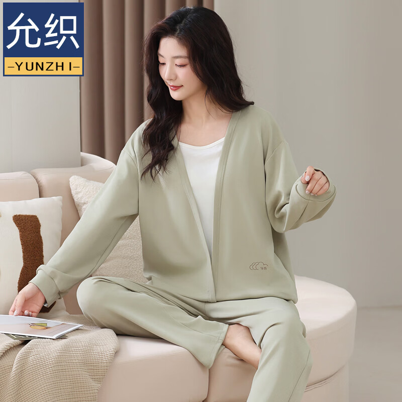 允织莱卡纯棉女士睡衣女秋季2026年新款高端假两件家居服女可外穿套装 7606-绿灰 M (160) ：建议80-100斤穿着