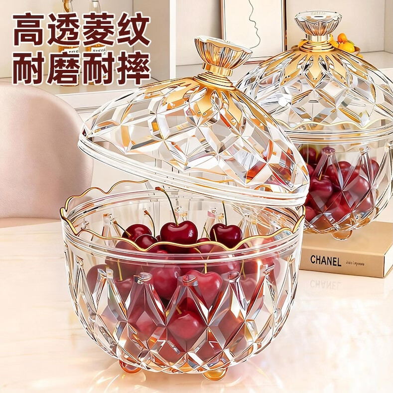 轻奢果盘放水果糖果盒家用客厅高级感水果盘零食收纳高颜值收纳盒 轻奢水果盘-透明色小号 1层 1个