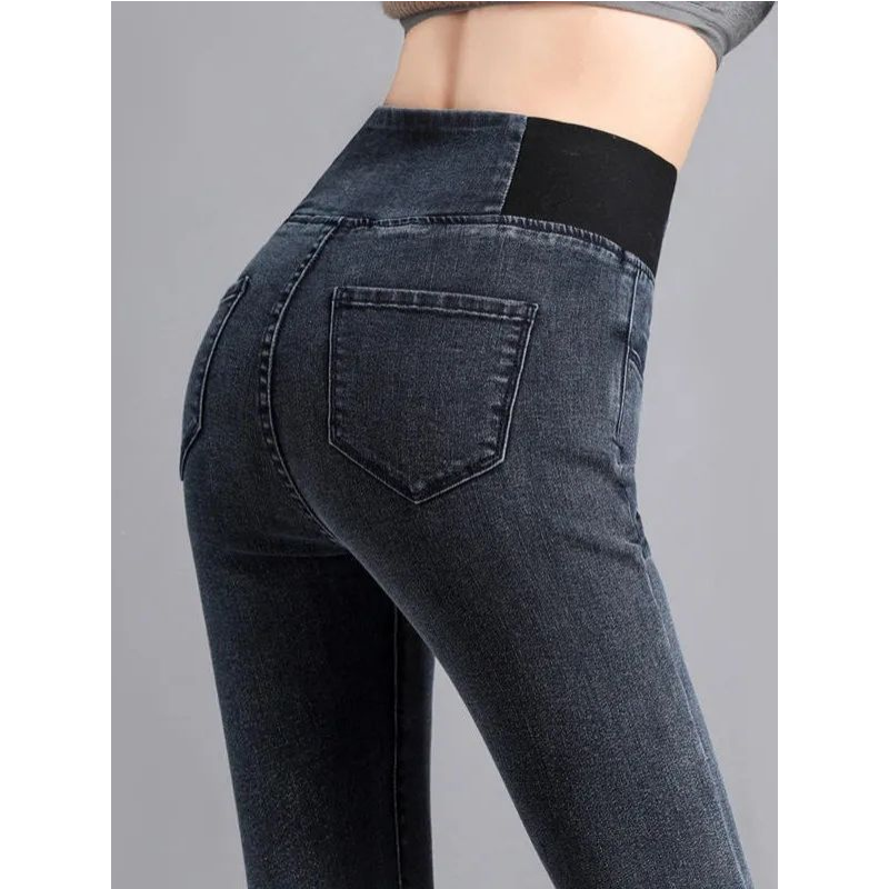 燠阳高腰牛仔裤女长裤2025秋冬季新款加大码修身松紧腰小脚裤加绒裤 加绒-黑灰色 32 【140-150斤】