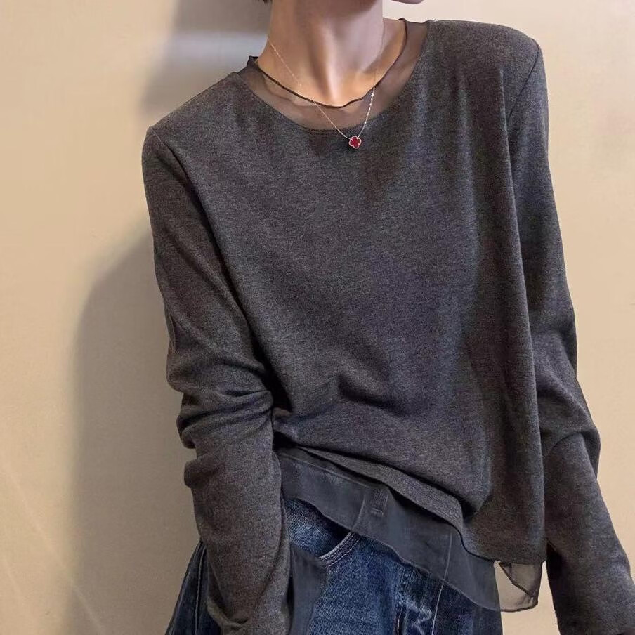 2025韩版圆领拼纱长袖T恤打底衫女秋季时尚百搭休闲打底衫 【买一送一，到手两件】黑色+灰色 2XL 【105-120斤】