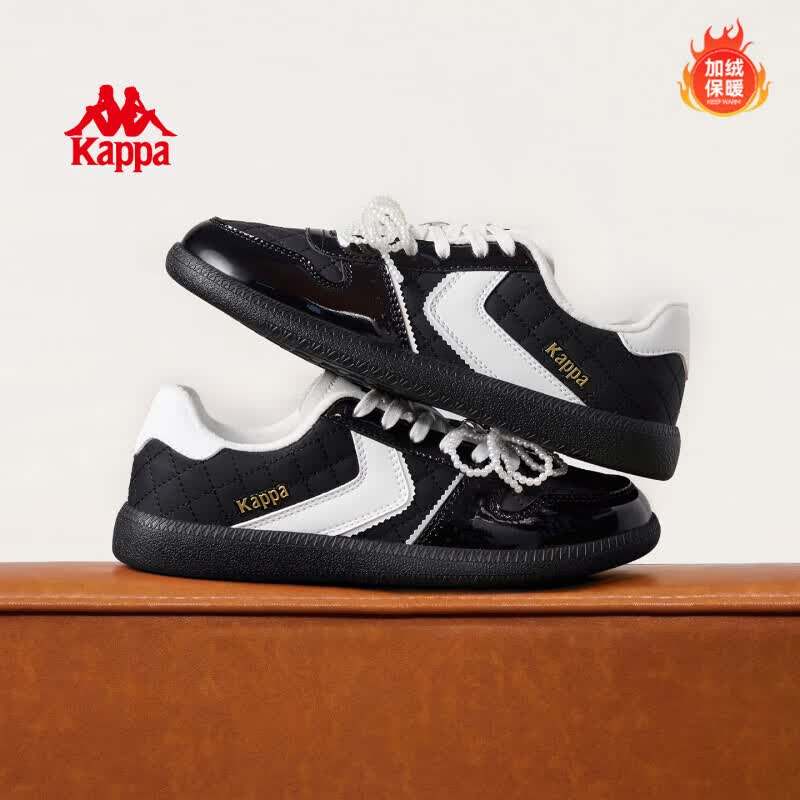 卡帕（Kappa）女鞋加绒板鞋子女冬季新款棉鞋女厚底德训鞋休闲运动鞋女 黑色38
