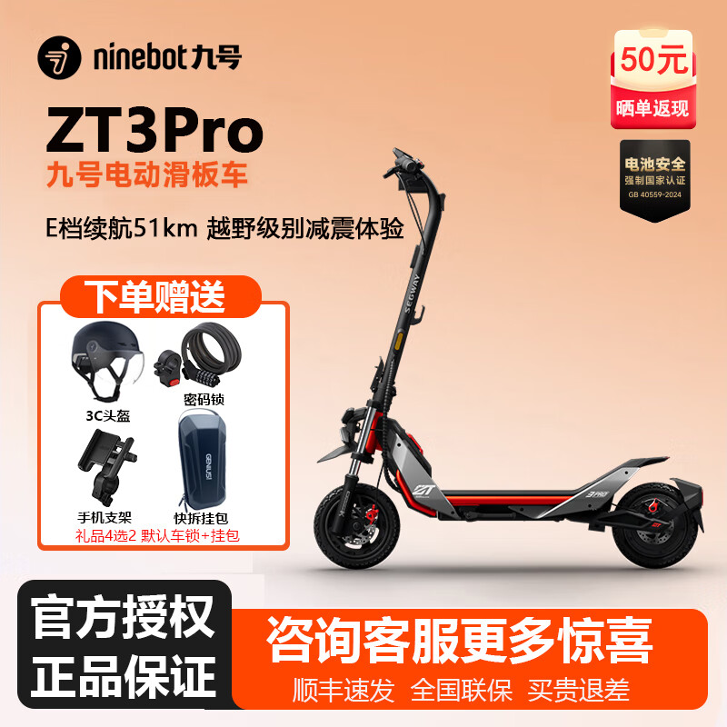 九号（Ninebot）电动滑板车ZT3成人便携式两轮折叠代步车新款炫酷ZT3PRO长续航炫酷拉风家用9号segway双减震 【E档51KM】zt3 pro+如图礼品