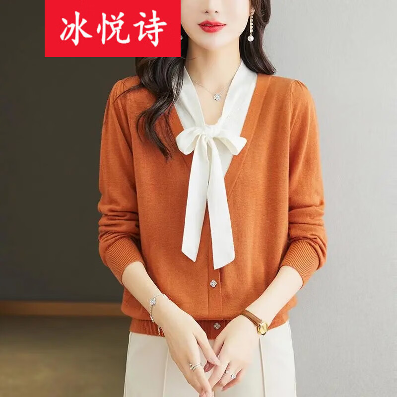 冰悦诗（BINGYUESHI）2026V领上衣女针织衫新款洋气漂亮小衫薄款春秋装蝴蝶结毛衣打底 橘色 均码 默认尺码1 建议85-135斤